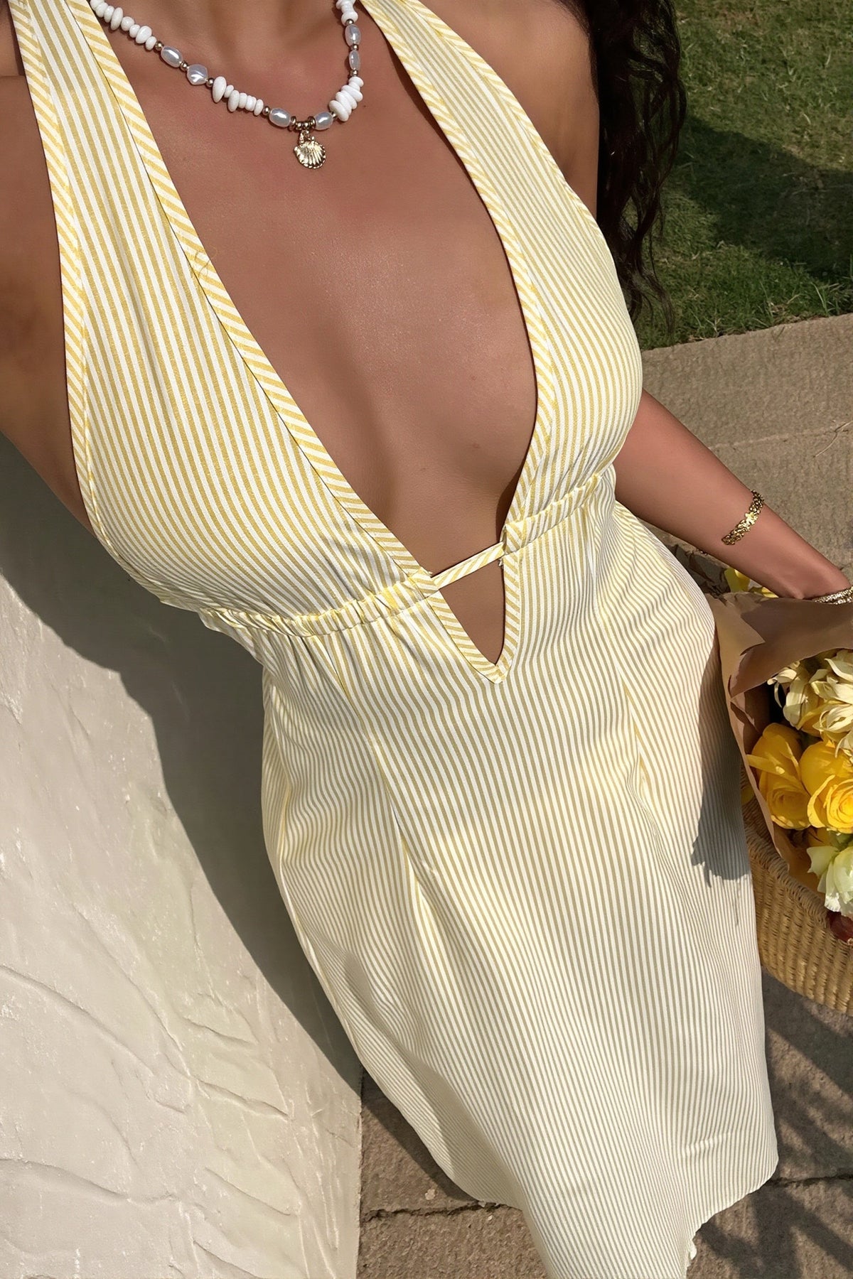 Pinstripe Satin Plunge Halter Neck Maxi Dress