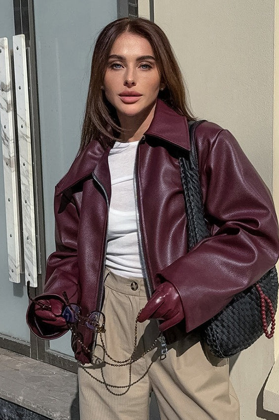 Burgundy Faux Leather Biker Jacket