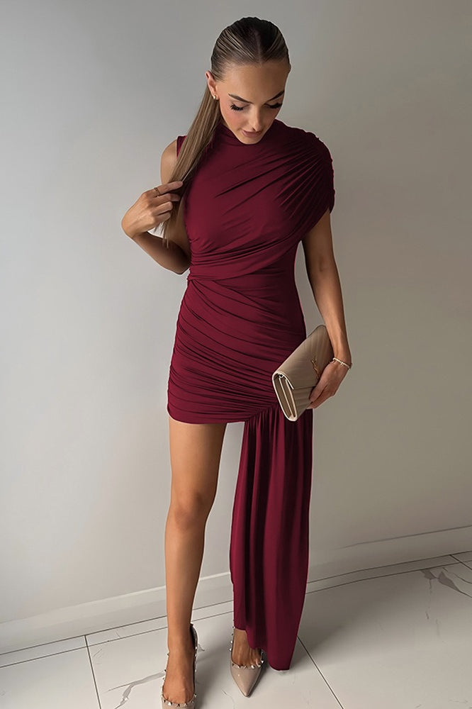 High Neck Ruched Asymmetric Mini Dress 6