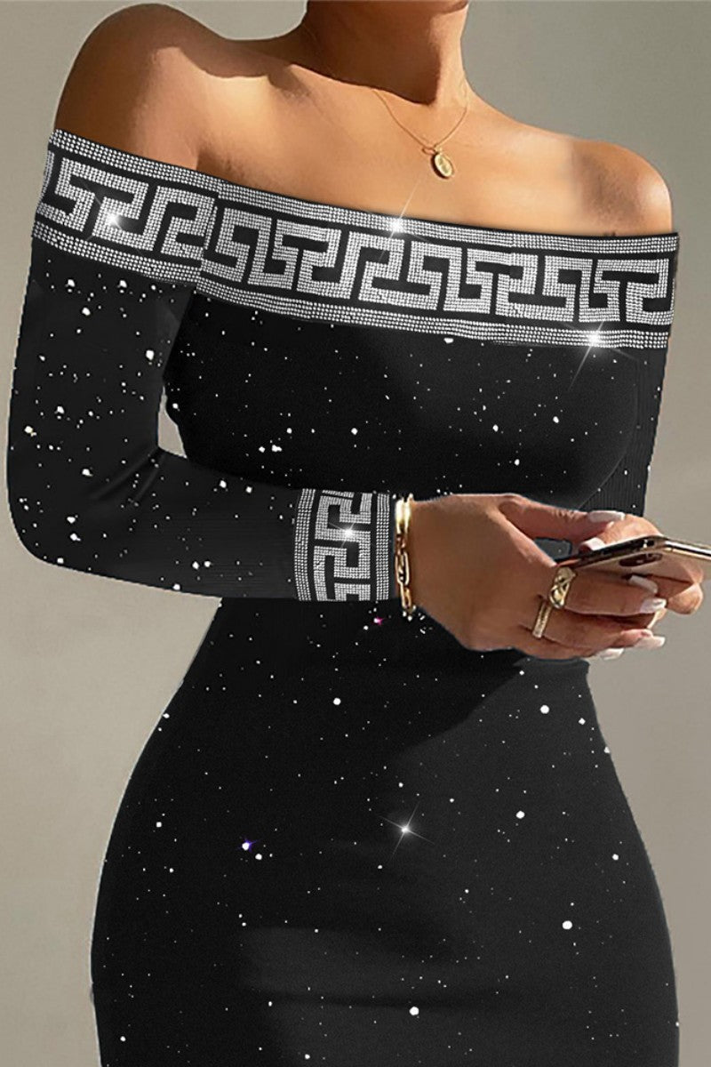 Sexy Patchwork Hot Drill Off the Shoulder Long Sleeve Dresses  Fashionpara