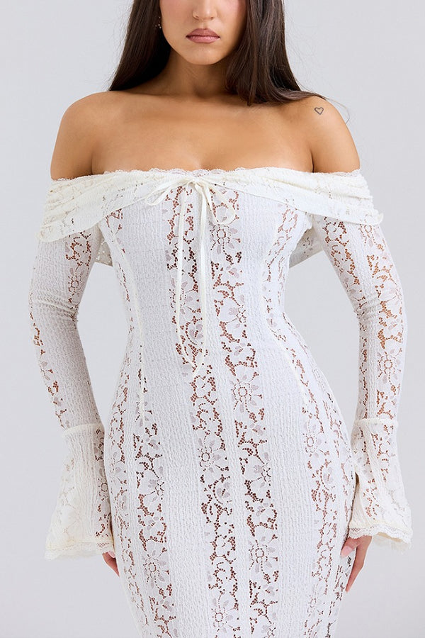 Leila Off Shoulder Floral Lace Flared Sleeve Fishtail Maxi Dress - View 10
