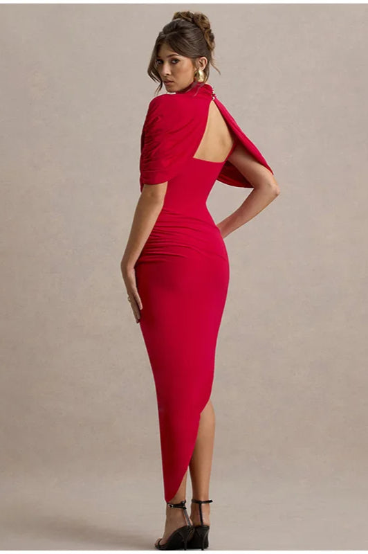 Solid High Neck Pleated Slim Waist Maxi Dress