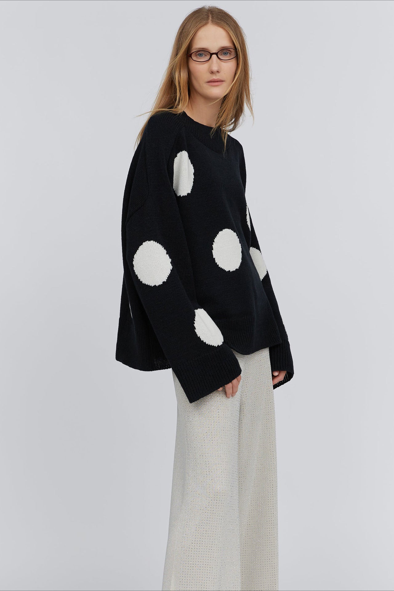 PrincessAce Polka Dot Crew Neck Knit Sweater for Elegance