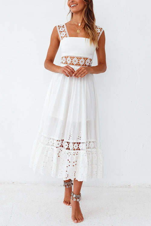 Square Neck Sleeveless Eyelet Lace Crochet Waist Midi Dress - View 8