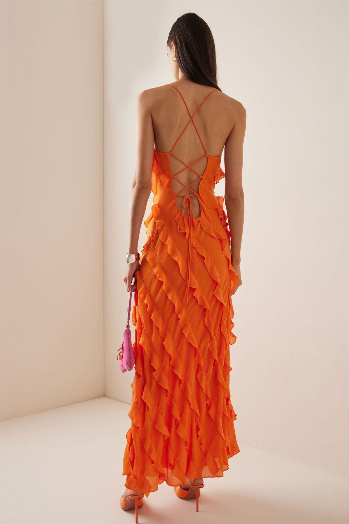 Chiffon Ruffle Spaghetti Strap Bias-Cut Maxi Dress