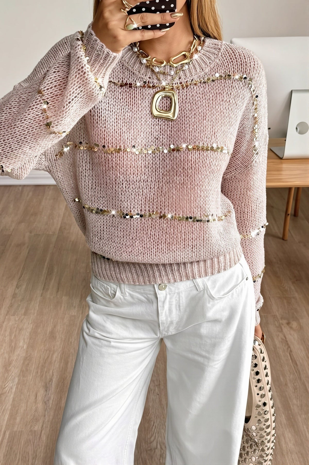 Beaded Stripe Crew Neck Sweater
