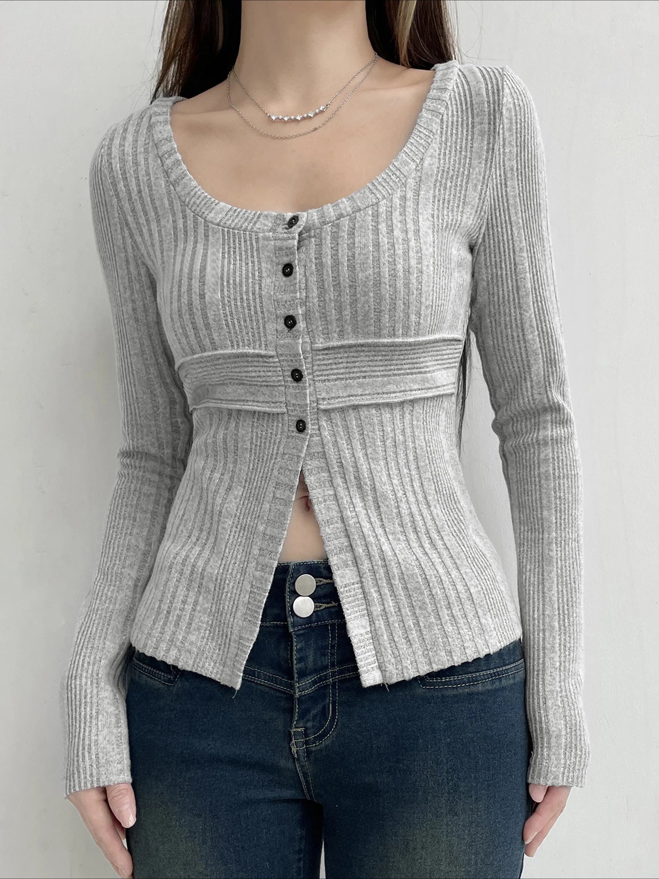 Sweet Solid Split Square Collar Long Sleeve Knit Top - Fashionpara