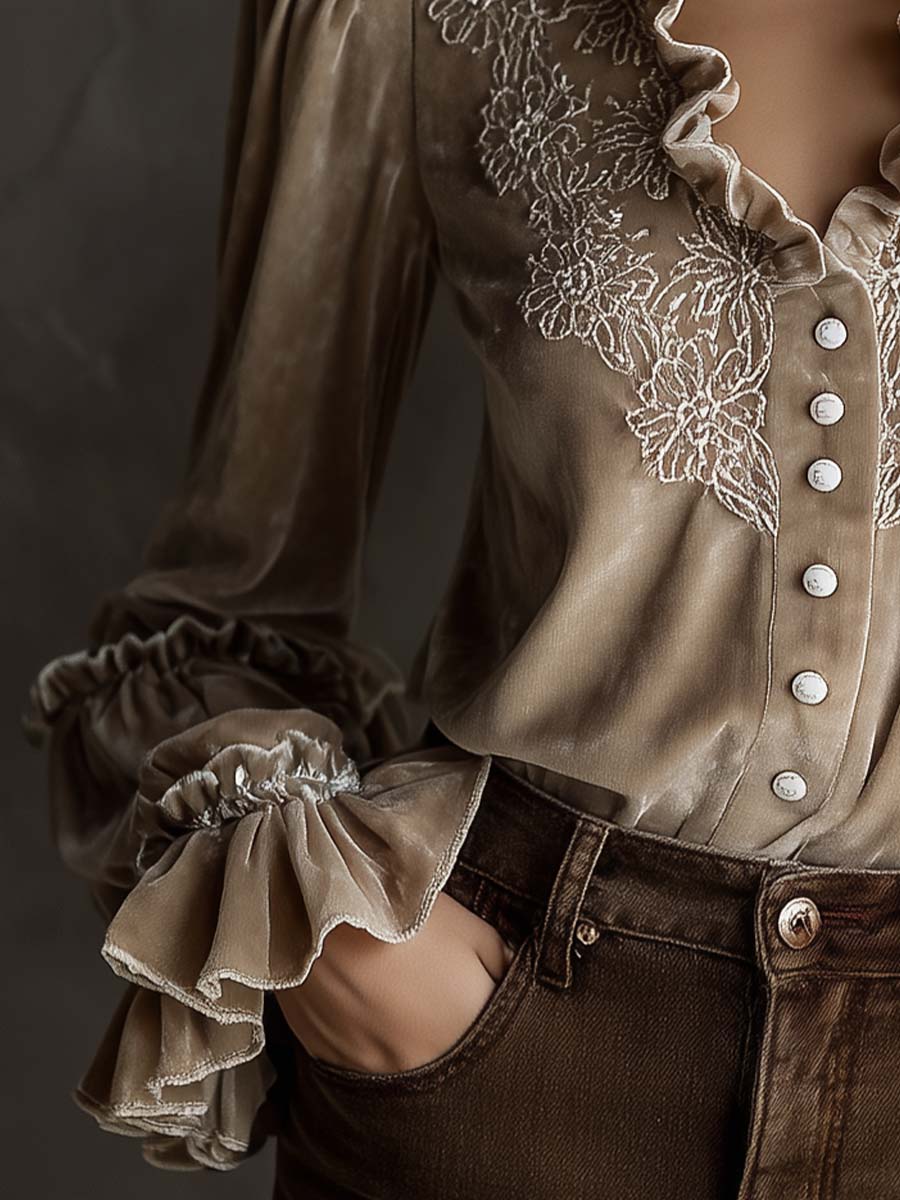 Champagne Beige Floral Embroidered Ruffled Velvet Shirt - Fashionpara