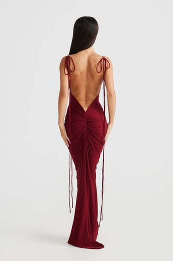 Cowl-Neck Spaghetti-Strap Lace-Up Fishtail Maxi Gown