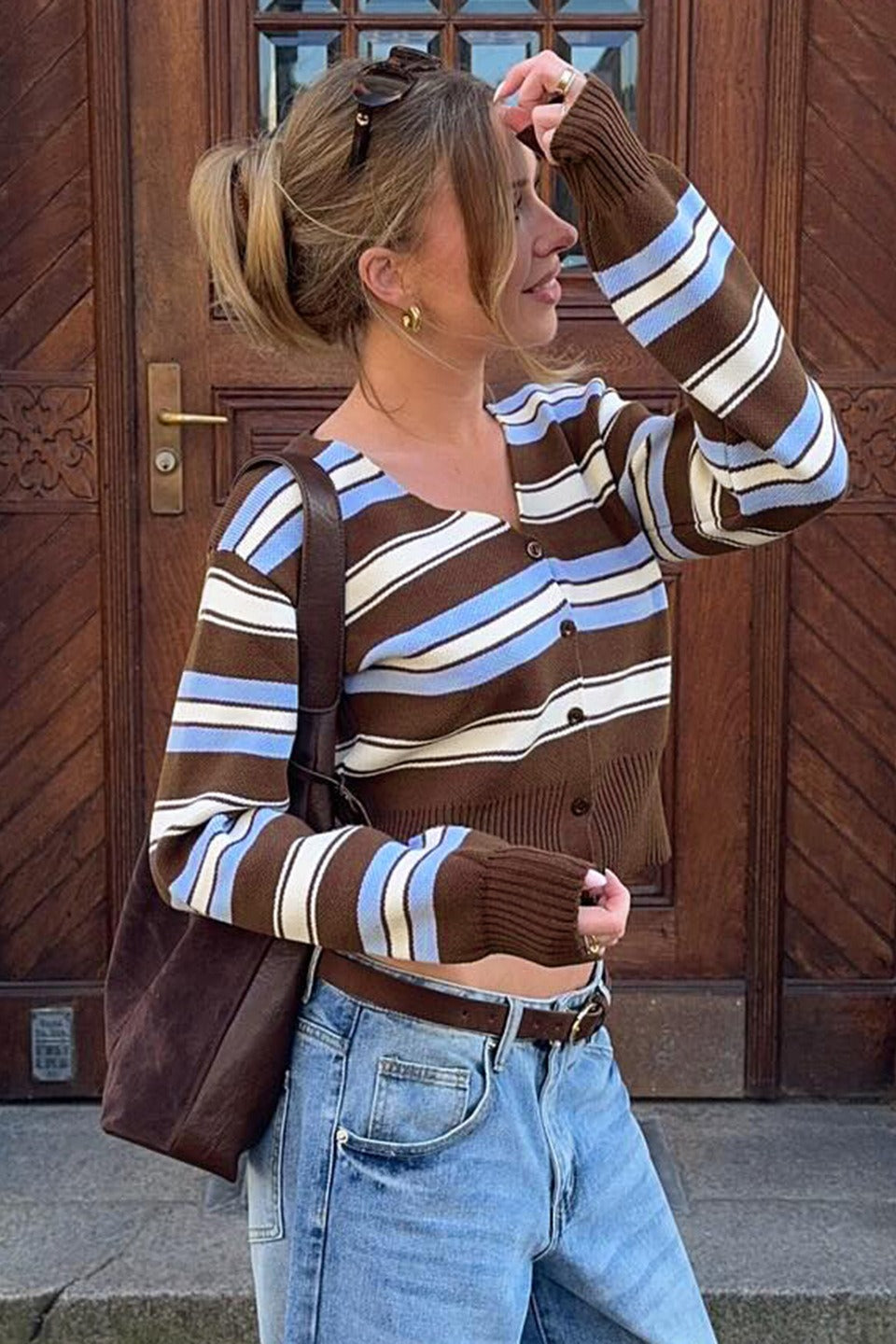 Retro Striped Slim-Fit Long-Sleeve Knit Cardigan for Style