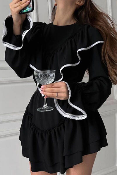 Lace Trim Long Sleeve Tiered Ruffle Mini Dress