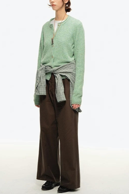 Chic Retro Crew-Neck Green Knit Cardigan for Effortless Style