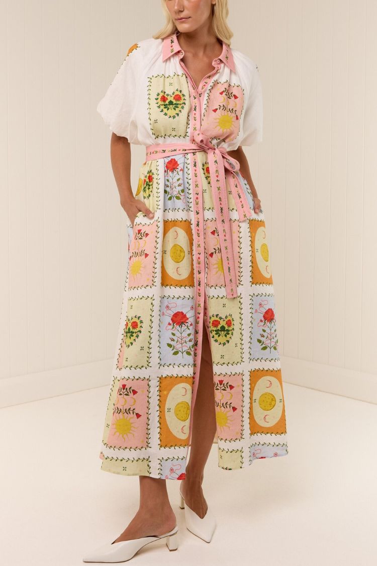 Lily Song Linen Blend Unique Print Short Sleeve Tie-up Shirt Maxi Dress - Fashionpara