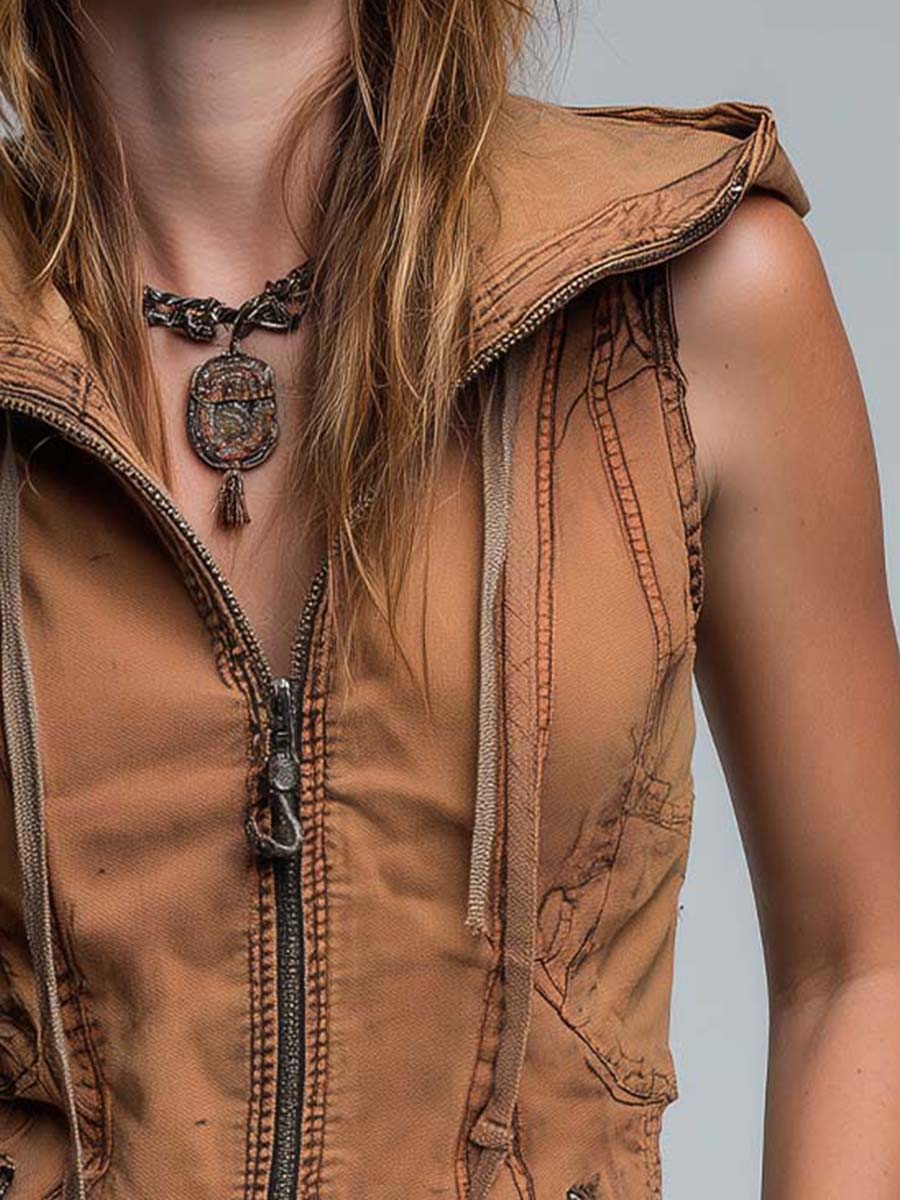 Vintage Washed Utility Style Hoodie Vest - Fashionpara