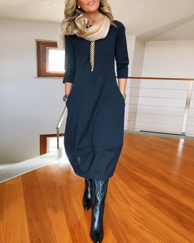 Round Neck Quarter Sleeve Zip Front Sheer Hem Midi Dress 2