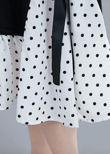 Polka Dot Panel Crew Neck Short Sleeve Side Tie Ruffle Hem Midi Dress - View 5
