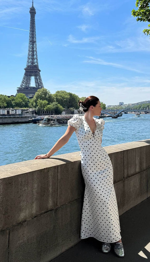 Polka Dot Puff-Sleeve Sweetheart A-Line Midi Dress