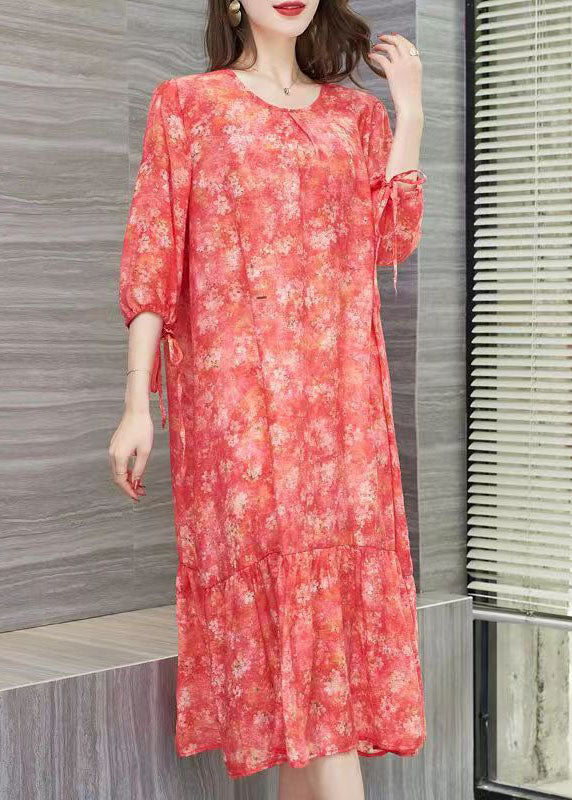 Floral Print Round Neck Tie Cuff Three Quarter Sleeve Midi Dress - View 2