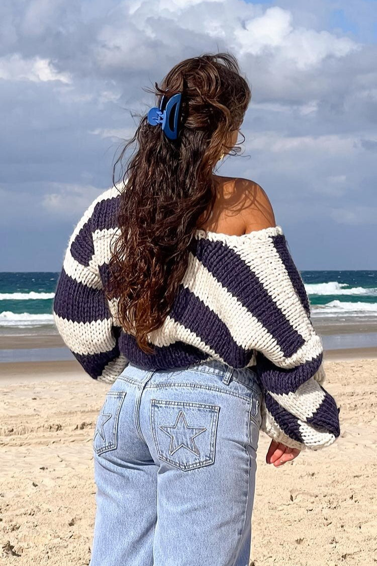Striped Off Shoulder Knit Sweater