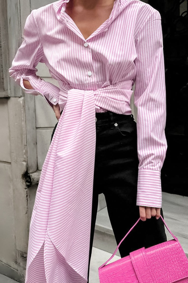 Striped Tie Waist Shirt Blouse