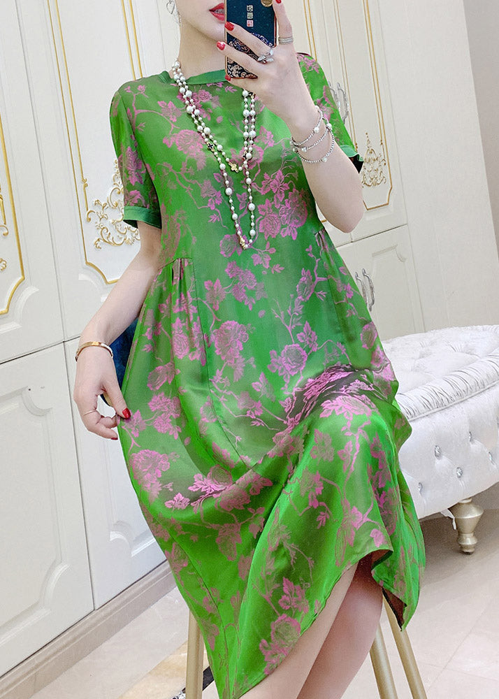 Floral Jacquard Round Neck Short Sleeve Pleated Waist Midi Dress