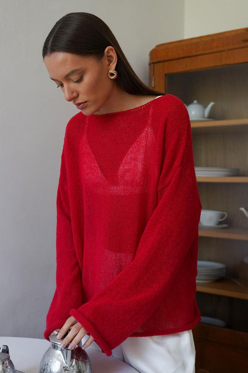 Solid Sheer Cutout Knit Casual Blouse