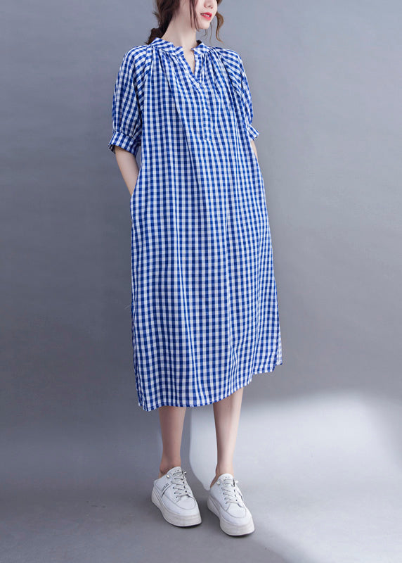 Gingham Check Mandarin Collar V-Neck Half Sleeve A-Line Midi Dress - View 3