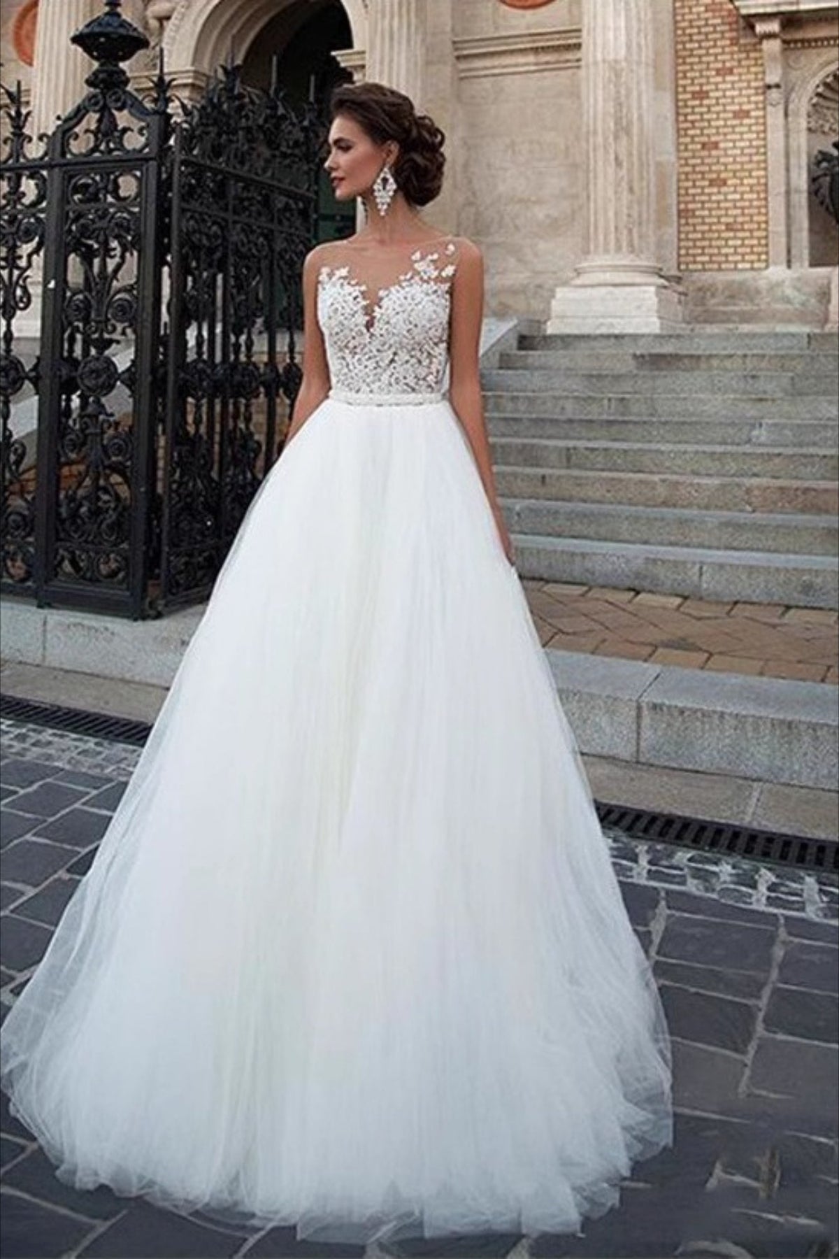 Lace Illusion Neck Sleeveless Tulle A-Line Bridal Gown
