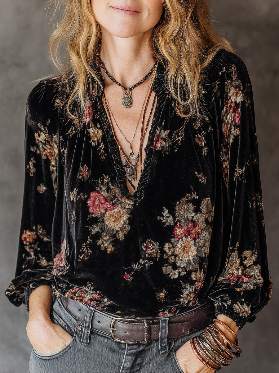 Vintage Floral Velvet Long-Sleeved Blouse - Fashionpara