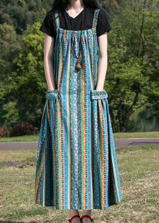Folk Print Pocket Spaghetti Strap Oversized Maxi Pinafore Dress - View 2