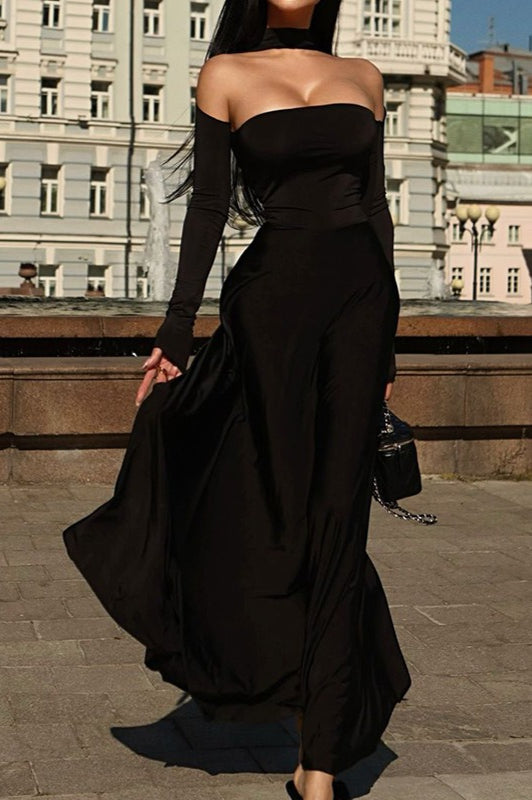 Halter Neck Off Shoulder Long Sleeve Fit and Flare Maxi Dress - View 6