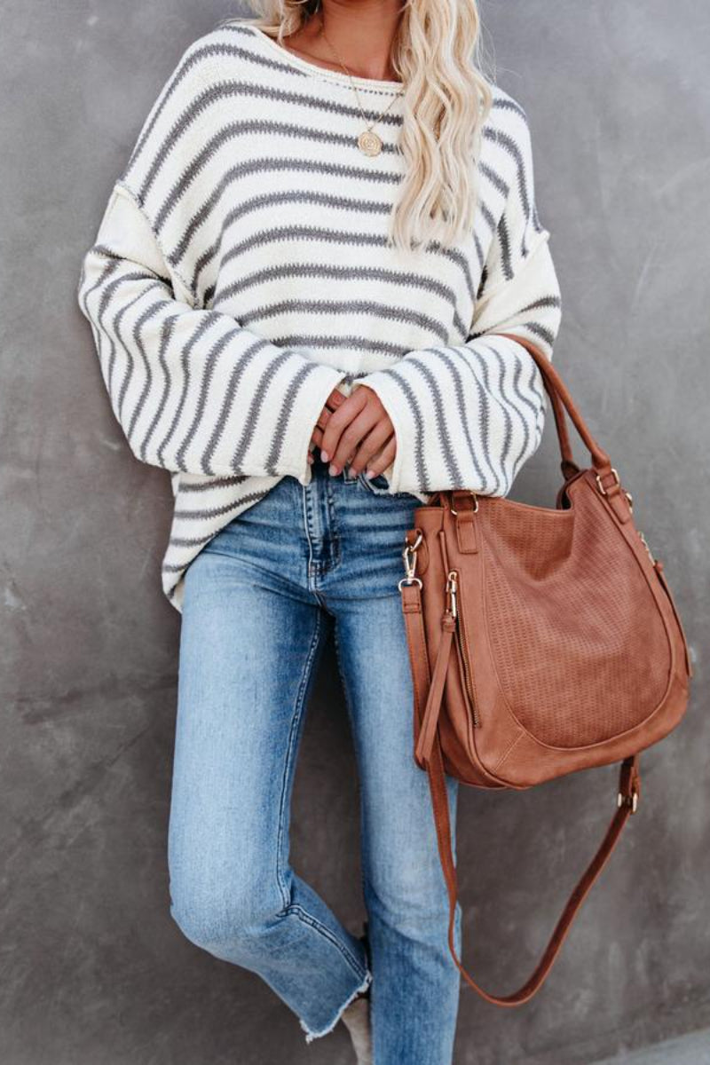 O Neck Striped Loose White Sweater  Fashionpara