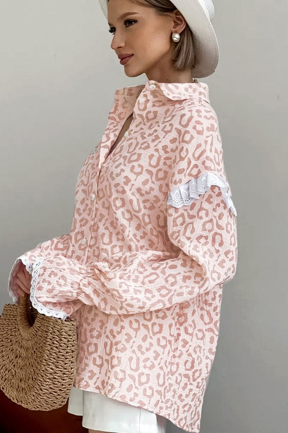 Pink Leopard Linen Blouse - Fashionpara