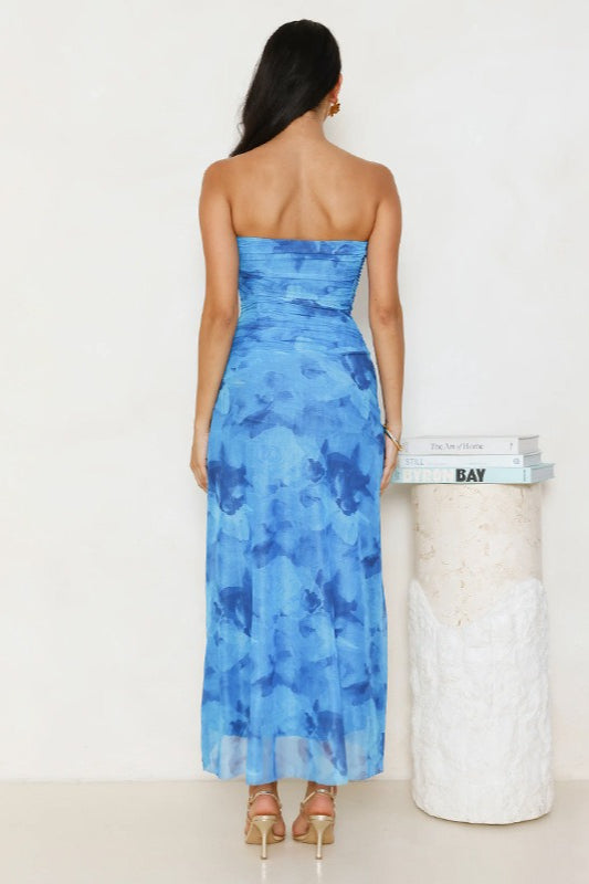 Printed Strapless Ruched High-Slit Bodycon Maxi Dress