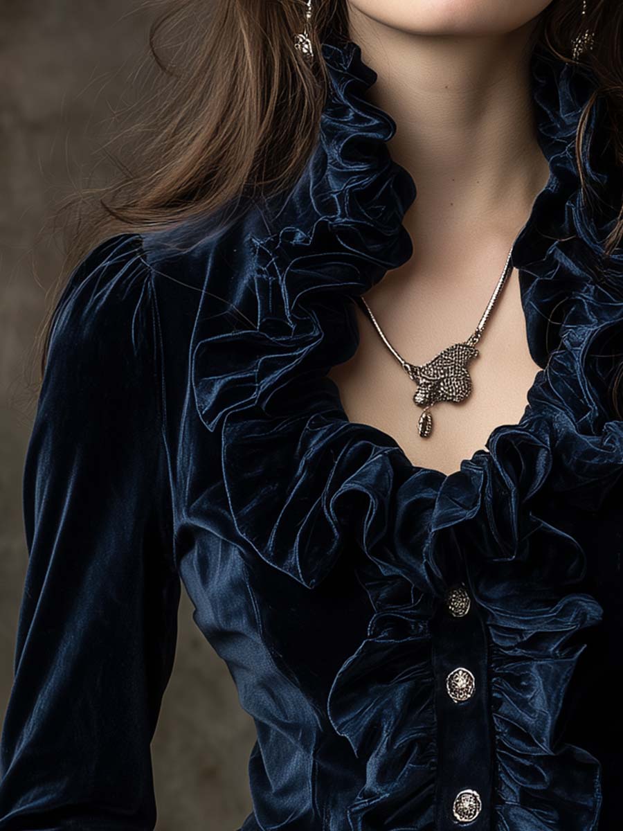 Midnight Blue Ruffled Velvet Shirt With Crystal Buttons - Fashionpara