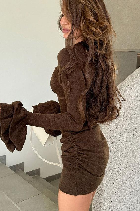 Knit Crew Neck Long Sleeve Ruffle Cuff Mini Dress 5