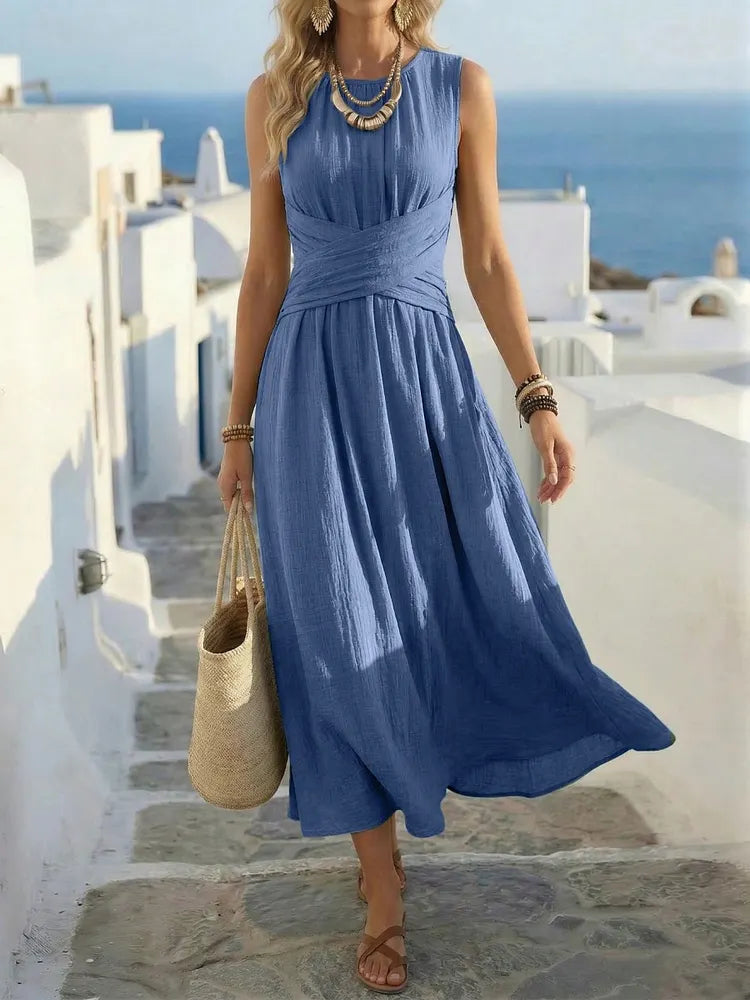 Crew Neck Sleeveless Cross Waist Fit and Flare Midi Dress