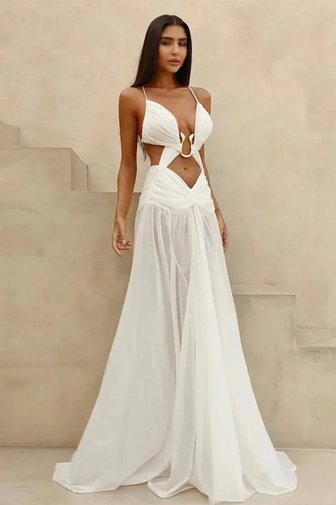 Plunge Neck Cut Out Ring Detail Maxi Gown