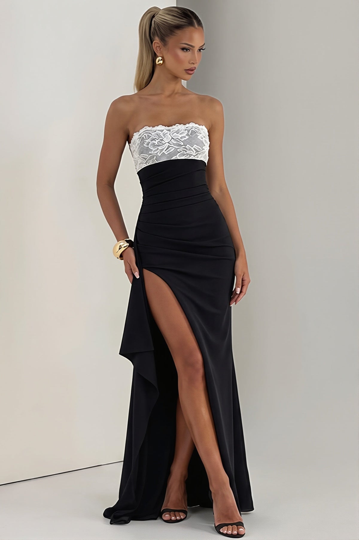 Lace Trim Strapless High Split Maxi Gown