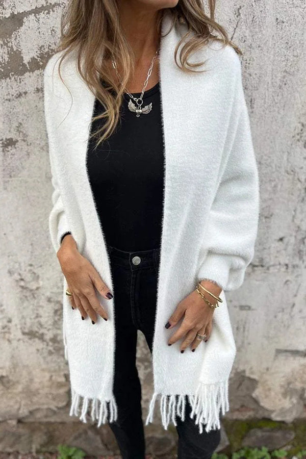 Relaxed Knit Plush Shawl Cardigan with Tassel Trim