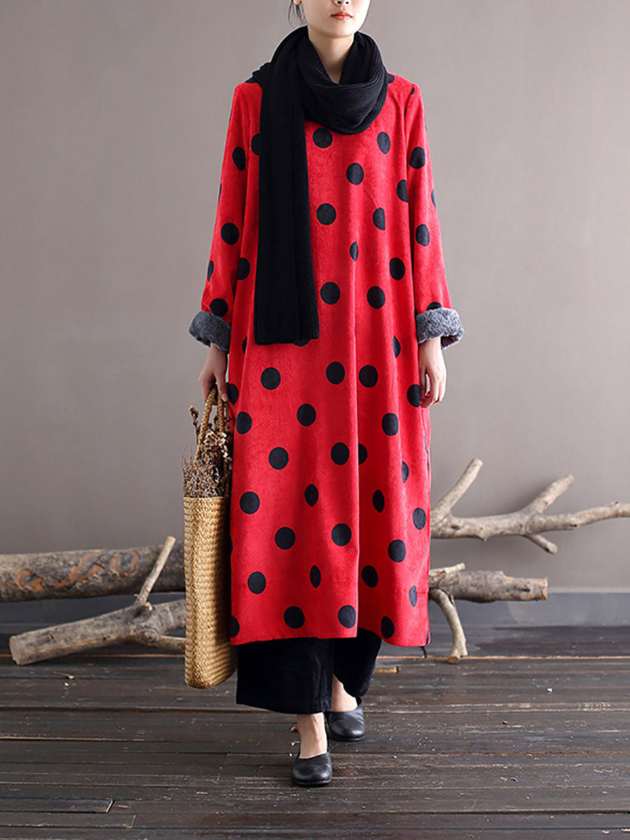 Polka Dot Corduroy Crew Neck Long Sleeve Oversized Midi Dress