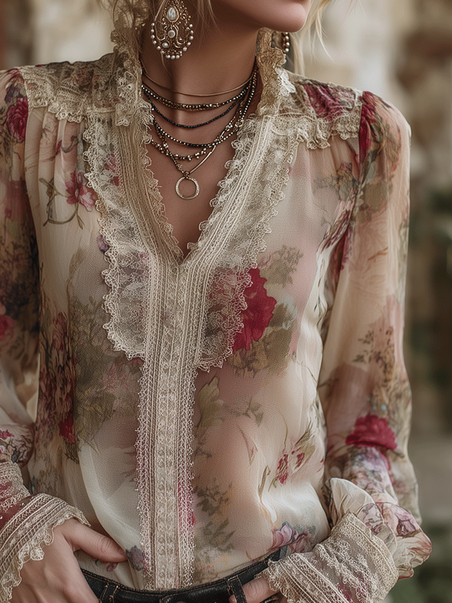 Vintage Romantic Lace-Trim Floral Chiffon Blouse