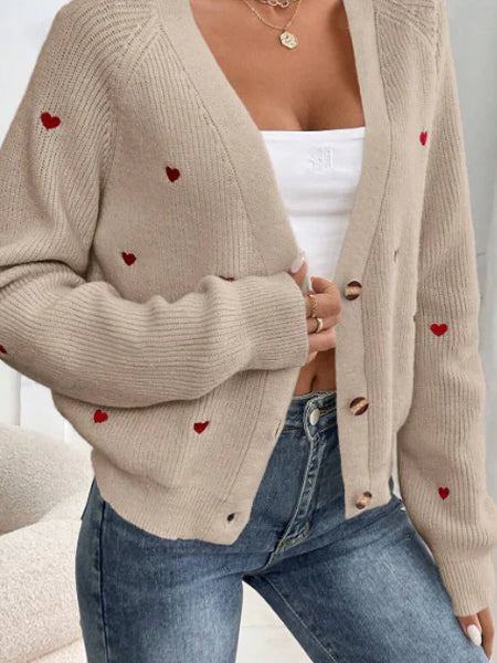 Heart Embroidery V-Neck Cardigan for Cozy Elegance
