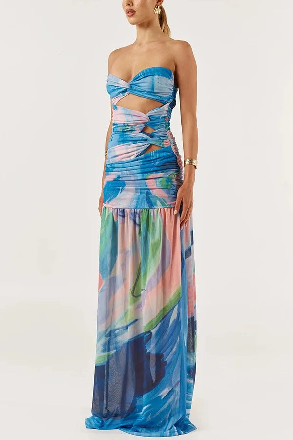 Colorful Ocean Mesh Printed Twist Cutout Off Shoulder Vacation Maxi Dress - Fashionpara