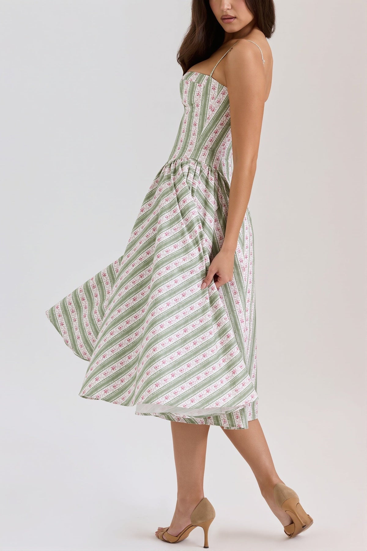 Floral Striped Corset Sweetheart A-Line Midi Dress 2
