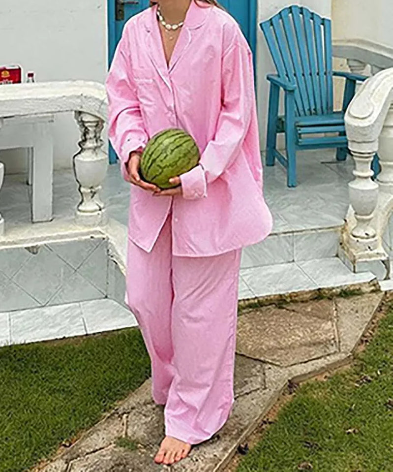 Pink Print Pockets Straight Trousers Office Two Piece Set