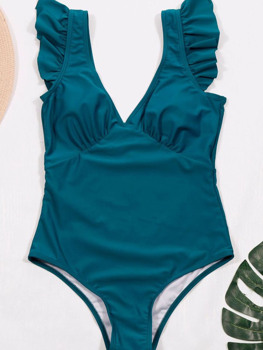 Flounce Design Blue One-piece Swimsuit - Fashionpara