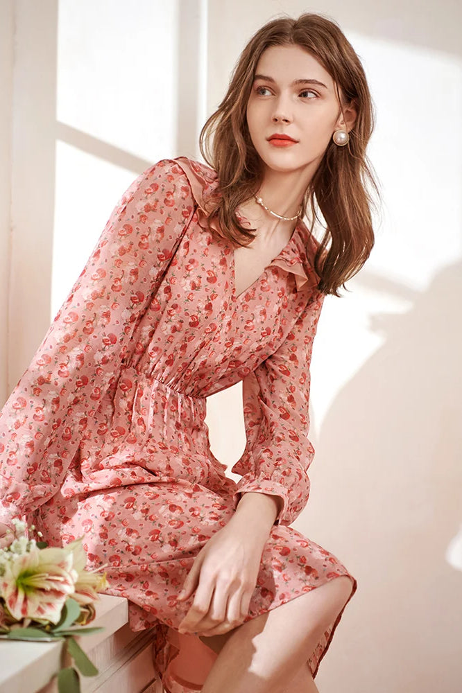 Floral Print Deep V-Neck Ruffle Trim Long Sleeve Midi Dress - View 2