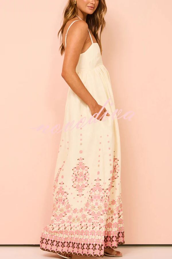 Linen Blend Floral Print Sleeveless A-Line Maxi Dress - View 3
