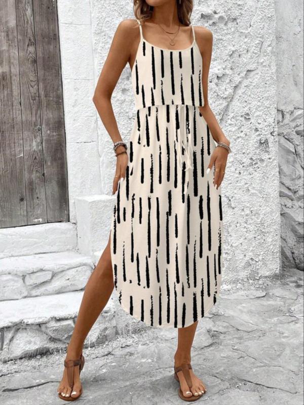 Tie Dye Stripe Print Spaghetti Strap Layered Split Midi Dress 7